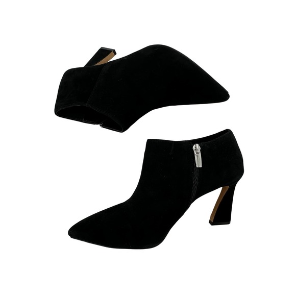 Vince‎ Camuto Black Suede Leather Pointed Toe Zip Up Heel Ankle Booties Unique - Picture 2 of 9